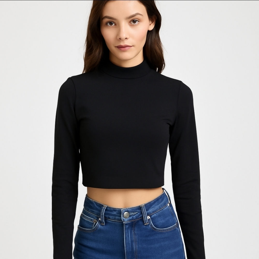 Lulu's Black Cropped Womens Mock Turtleneck Sz Lg